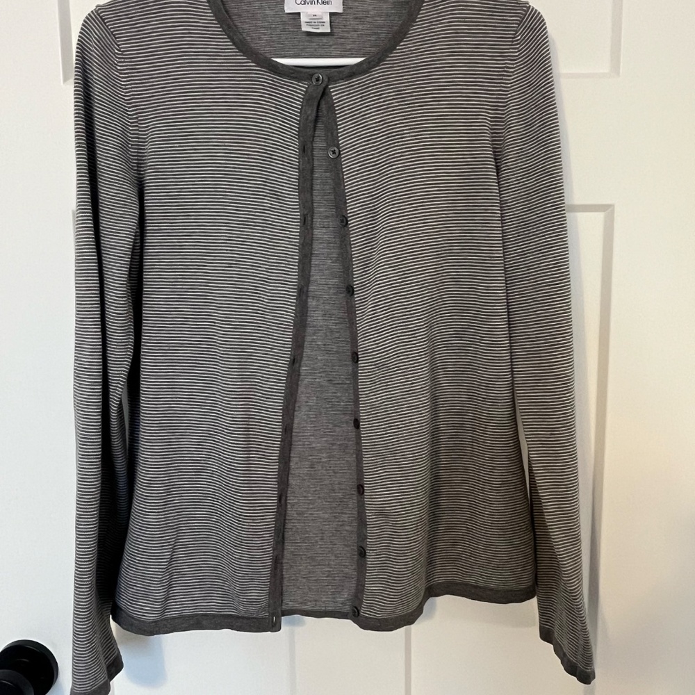 Calvin Klein 2 Piece Tank Top Cardigan Set Women 100% Cotton Gray White Stripe M - Picture 2 of 16